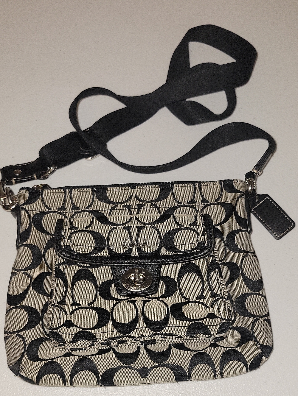 Coach Black and Beige Signature Small Crossbody Bag